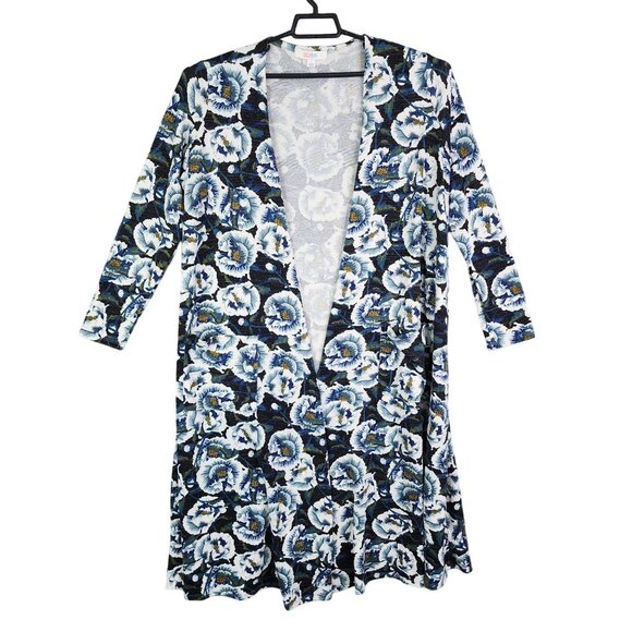 Women's LuLaRoe Long Open Cardigan Blue White Floral Pockets Size L - Picture 1 of 12